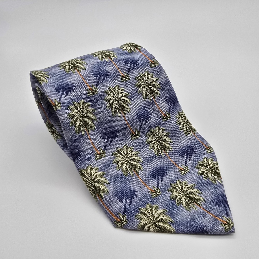 Tommy Bahama Mens Silk Necktie Blue Tropical Palm Tree Island Print Made in USA